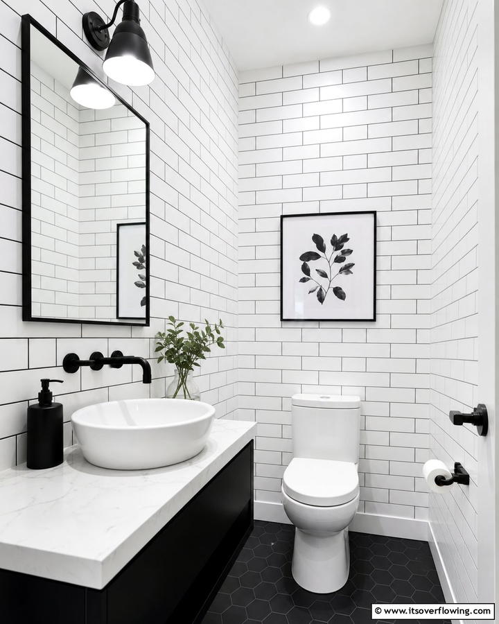 White Subway Tiles with Black Grout - 20 Black and White Powder Room Ideas for a Classic Style