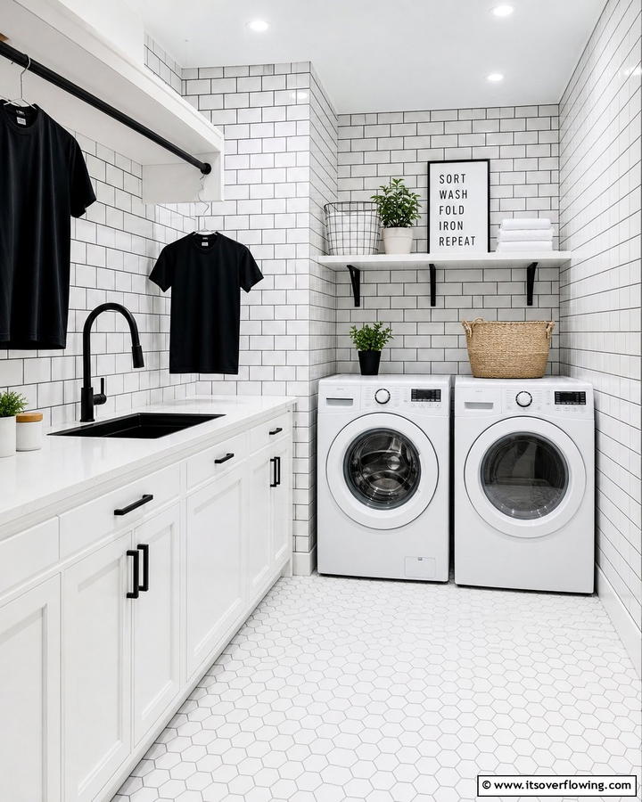 White Subway Tiles with Black Grout - 20 Black and White Laundry Room Ideas for Style