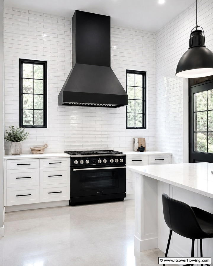 White Subway Tiles with Black Range Hood - 30 White Kitchen Designs with Bold Black Appliances