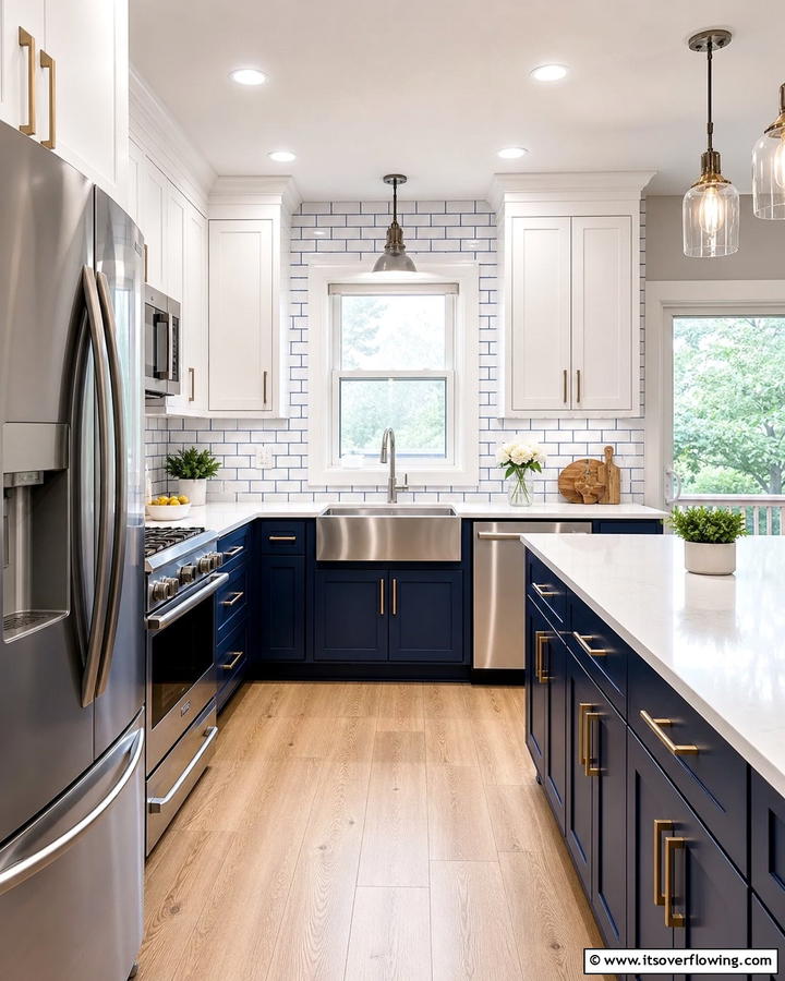 White Subway Tiles with Blue Grout - 25 Blue and White Kitchen Ideas for a Fresh and Timeless Look