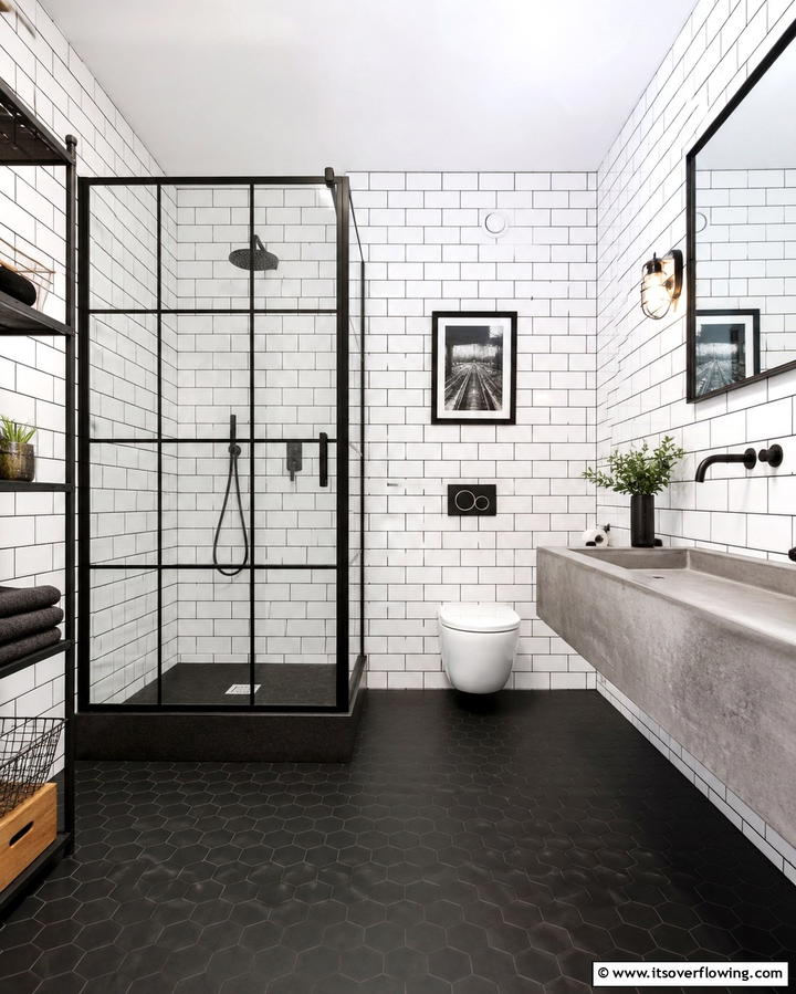 White Subway Tiles with Dark Grout - 30 Elegant White Tile Bathroom Design Concepts