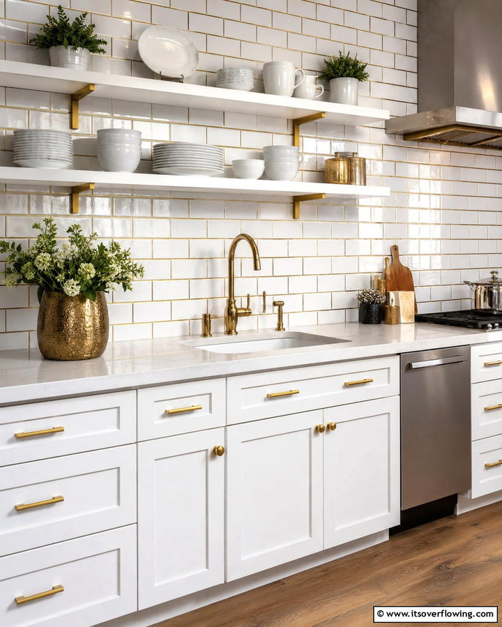 White Subway Tiles with Gold Grout - 25 White and Gold Kitchen Backsplash Ideas for Elegance