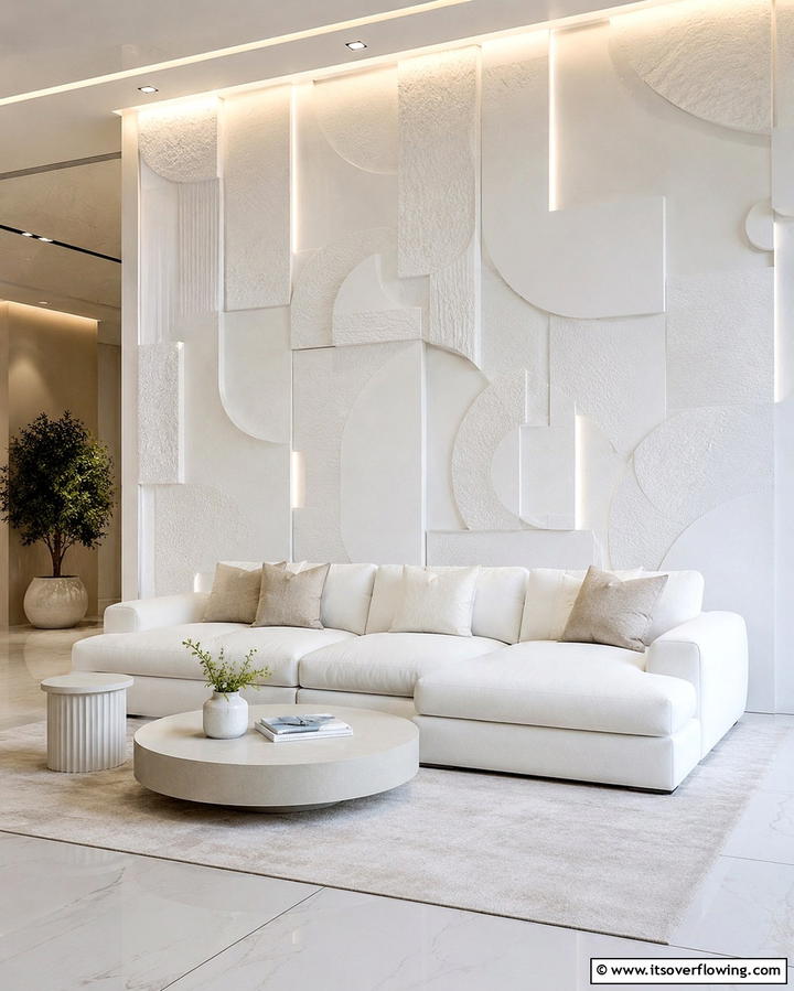 White Textured Wall Panels - 25 White Living Room Ideas for a Timeless Look