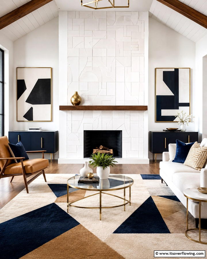 White Tile Fireplace with Geometric Patterns - 25 White Fireplace Ideas to Warm Up Your Living Room