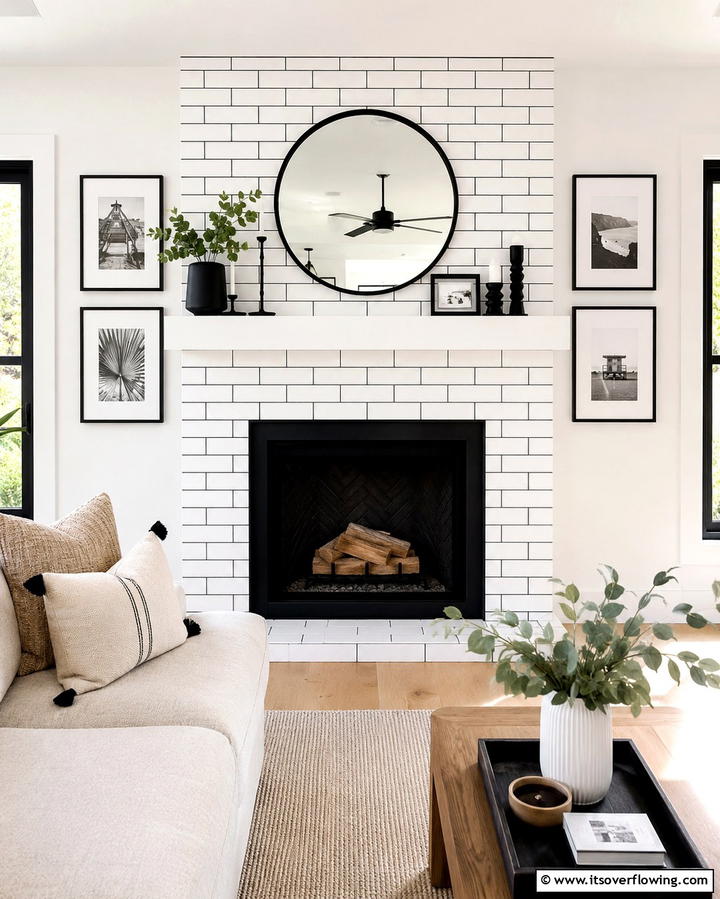 White Tile with Black Grout - 25 Black and White Fireplace Ideas for Timeless Elegance
