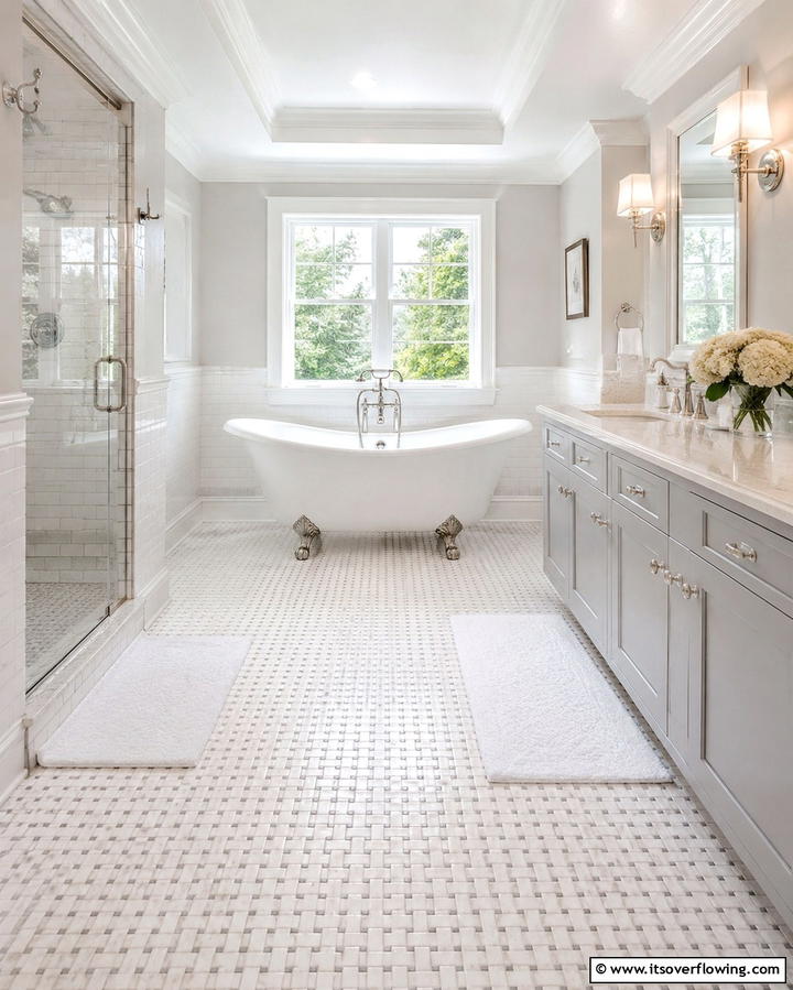 White Tiles in a Basketweave PatternExact - 30 Elegant White Tile Bathroom Design Concepts