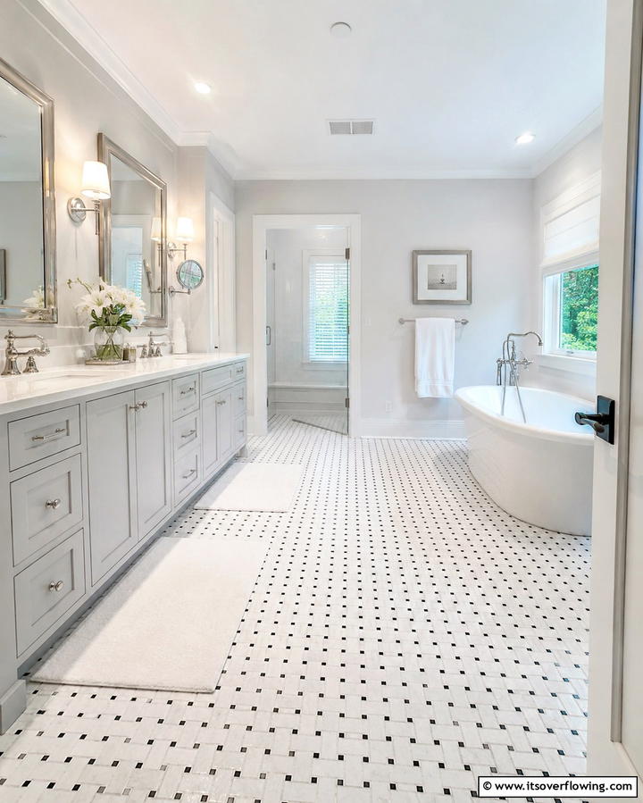 White Tiles in a Basketweave PatternOne - 30 Elegant White Tile Bathroom Design Concepts
