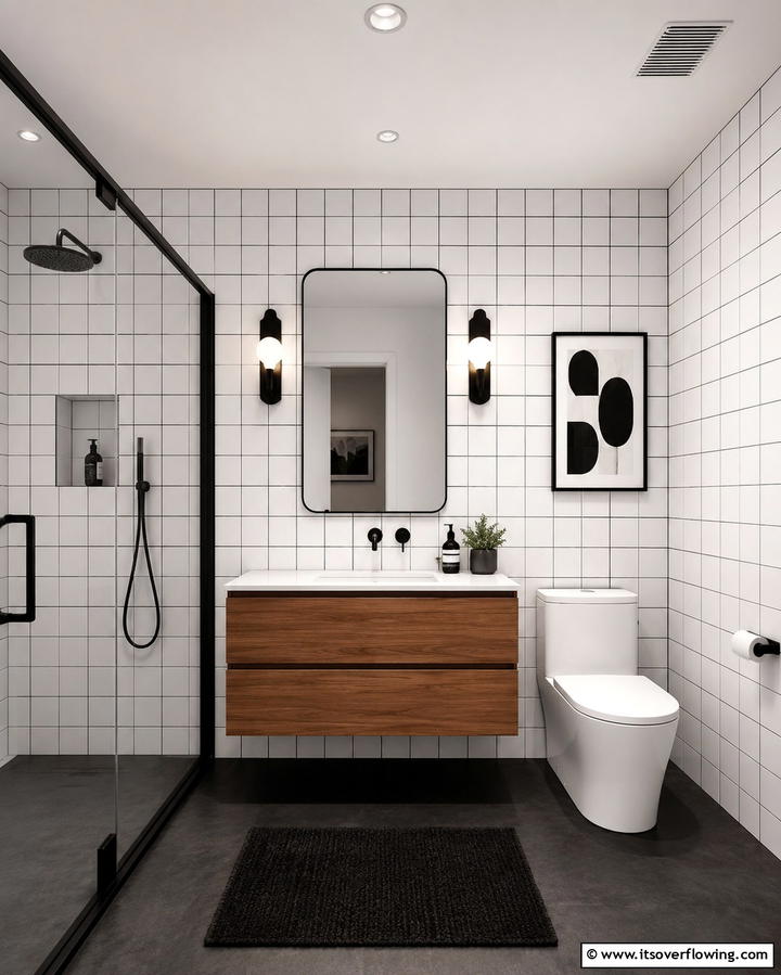 White Tiles with Colored Grout - 30 Elegant White Tile Bathroom Design Concepts
