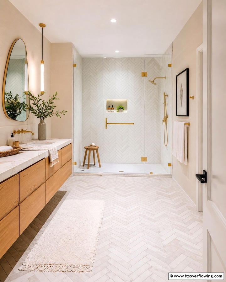 White Tiles with Geometric Patterns - 30 Elegant White Tile Bathroom Design Concepts