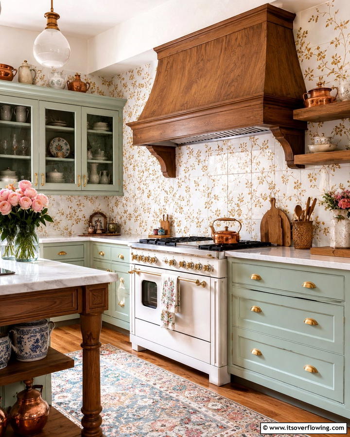 White Tiles with Gold Floral Motif - 25 White and Gold Kitchen Backsplash Ideas for Elegance