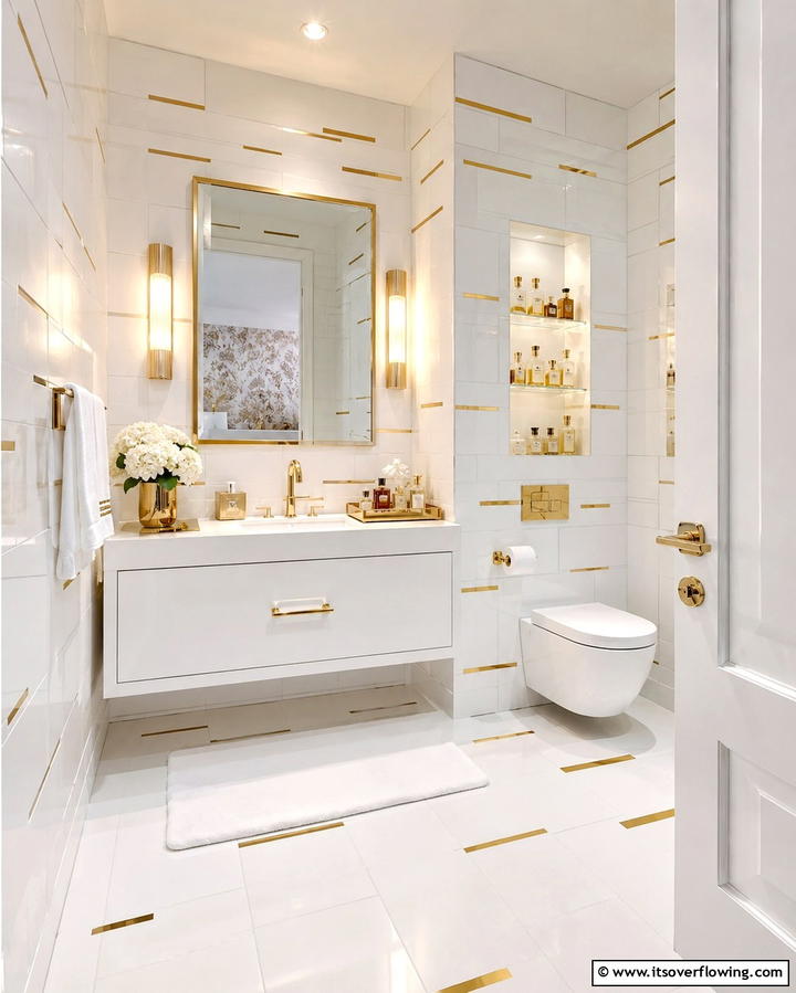 White Tiles with Metallic AccentsOne - 30 Elegant White Tile Bathroom Design Concepts