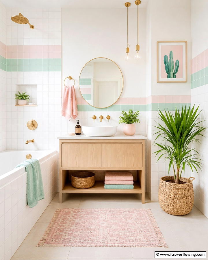 White Tiles with Pastel Accents - 30 Elegant White Tile Bathroom Design Concepts