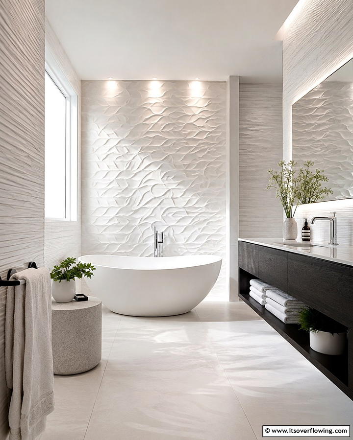 White Tiles with Textured Surfaces - 30 Elegant White Tile Bathroom Design Concepts