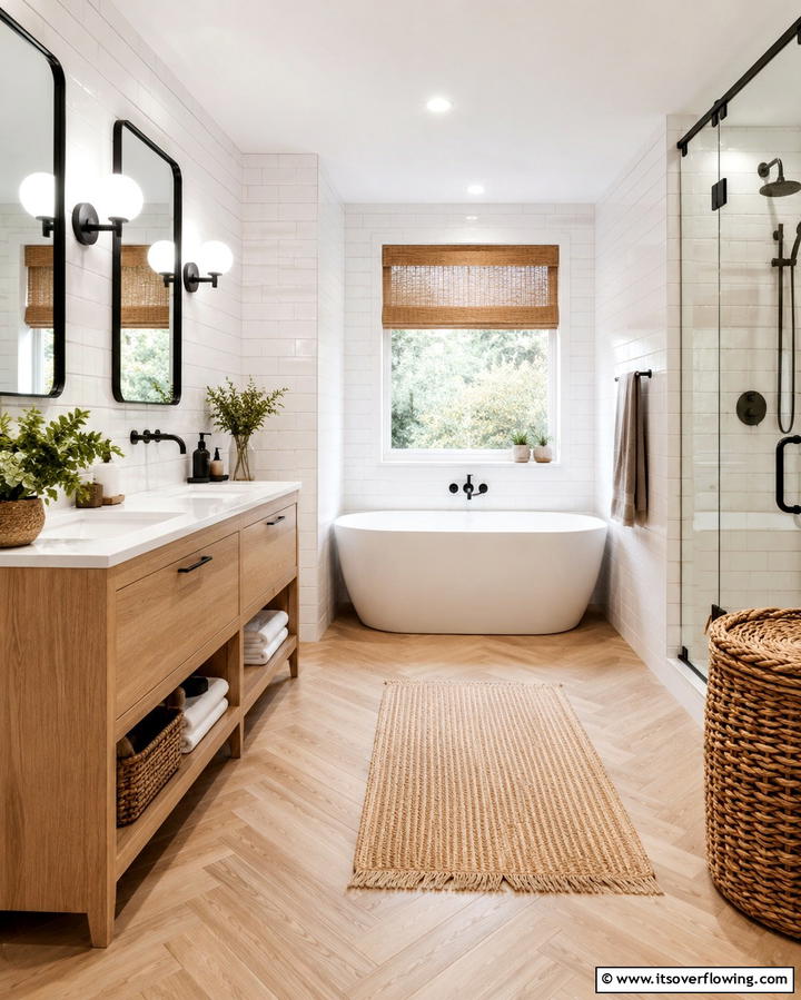 White Tiles with Wood Look Flooring - 30 Elegant White Tile Bathroom Design Concepts