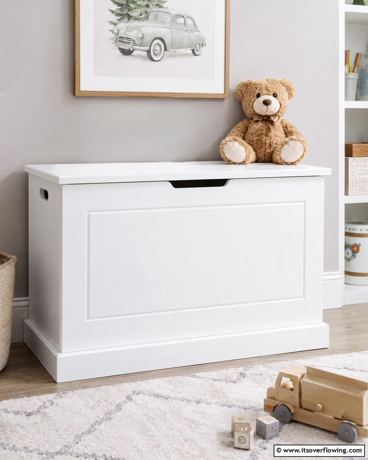 White Toy Chest for a Clean Look - 25 White Nursery Ideas for a Calming Baby Room
