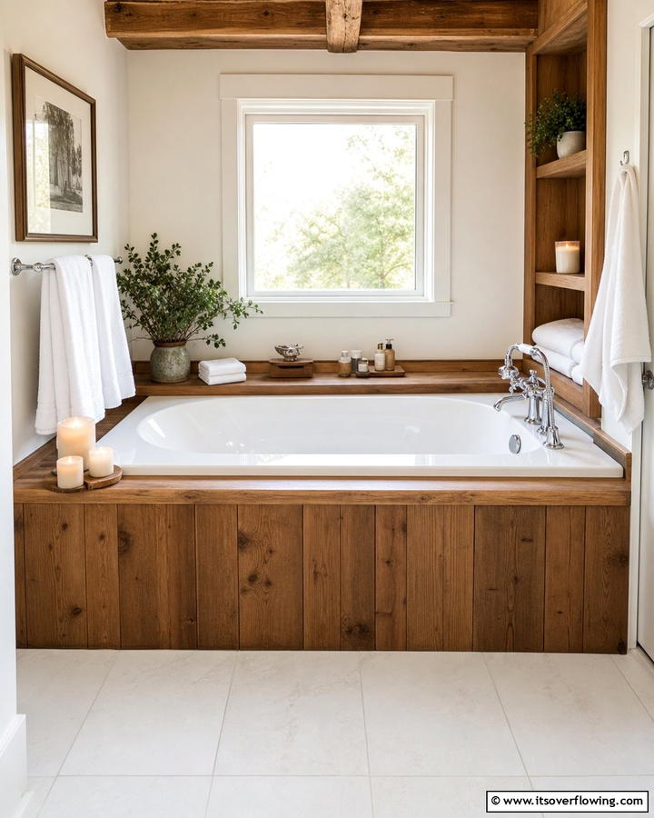 White Tub with Brown Wooden Paneling - 20 Timeless Brown and White Bathroom Ideas for a Clean Look