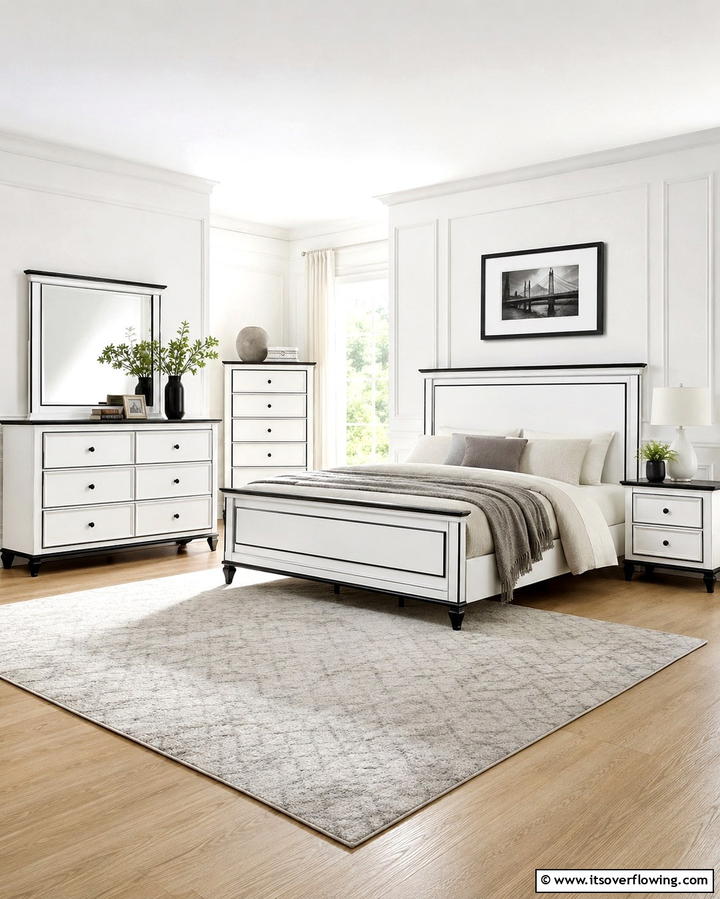White Upholstered Headboard with Black Frame - 25 Black and White Bedroom Ideas for a Timeless Design