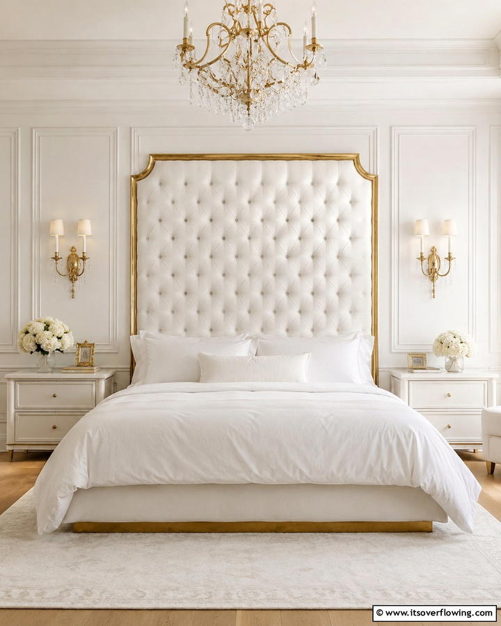 White Upholstered Headboard with Gold Trim - 25 White and Gold Bedroom Ideas for a Serene Retreat