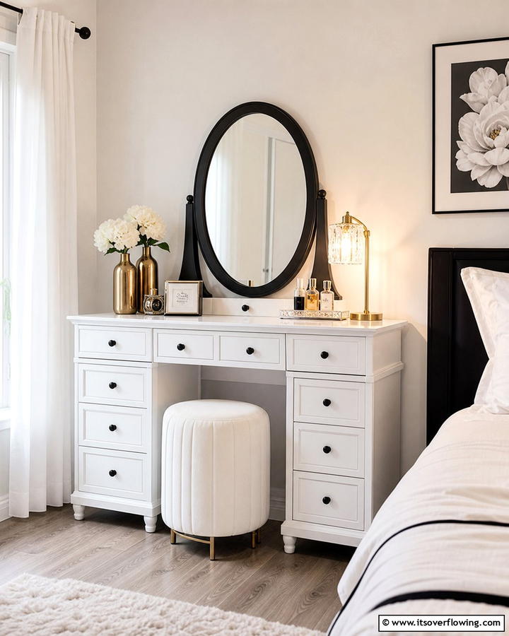 White Vanity with Black Accents - 20 Feminine Black and White Bedroom Ideas for Elegance