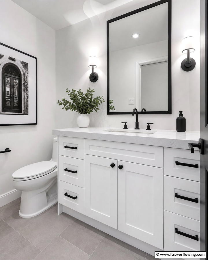 White Vanity with Black Hardware - 20 Black and White Powder Room Ideas for a Classic Style