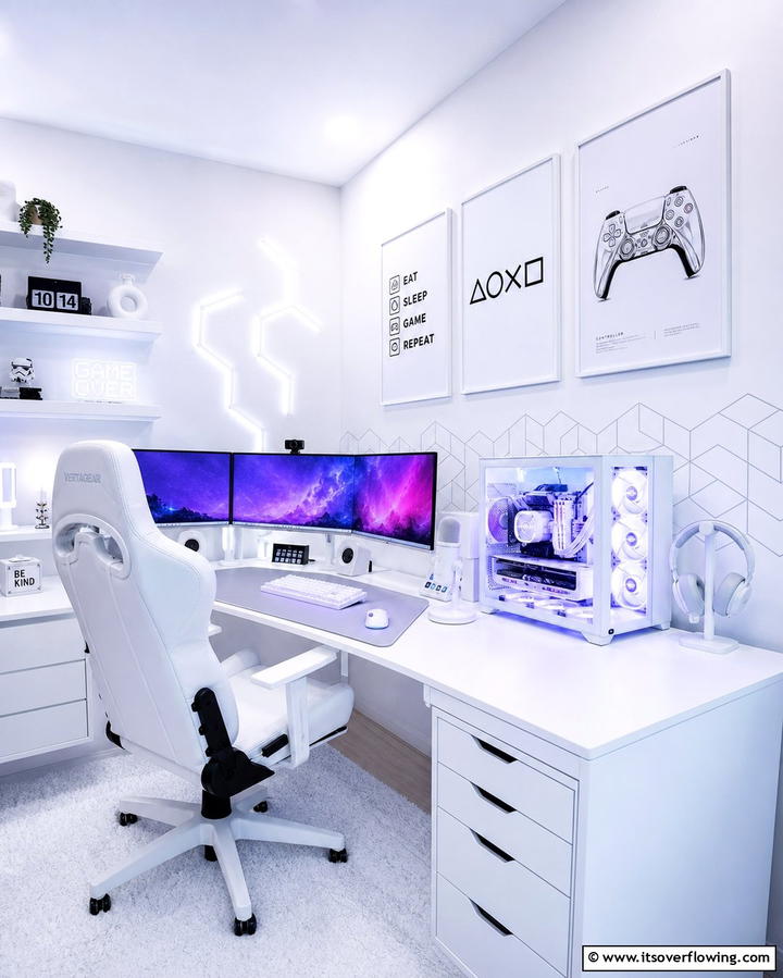 White Wall Decor - 25 All White Gaming Setup Ideas for a Sleek Look