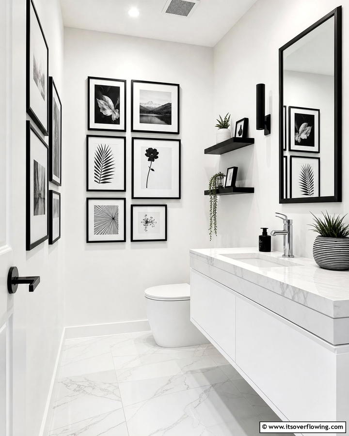 White Walls with Black Artwork - 20 Black and White Powder Room Ideas for a Classic Style
