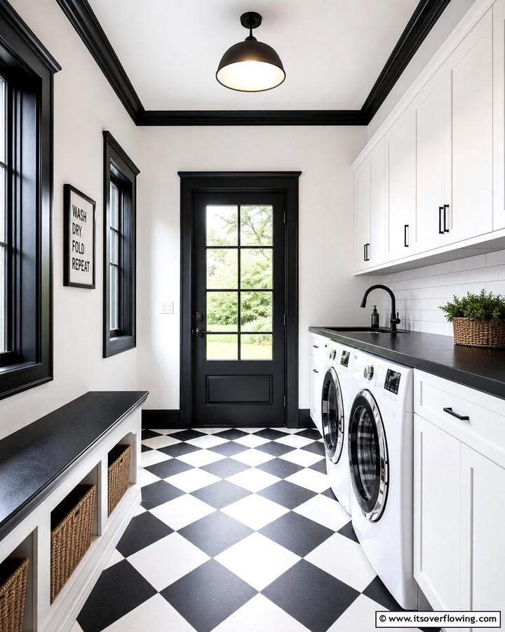 White Walls with Black Trim - 20 Black and White Laundry Room Ideas for Style