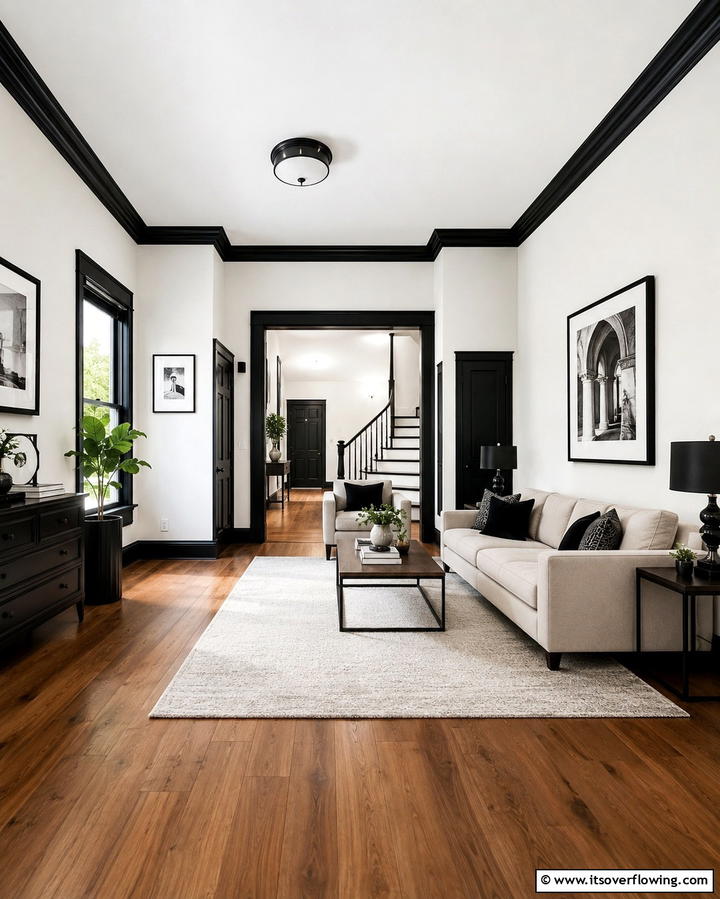 White Walls with Black Trim - 25 Black and White Living Room Ideas for a Classic Look