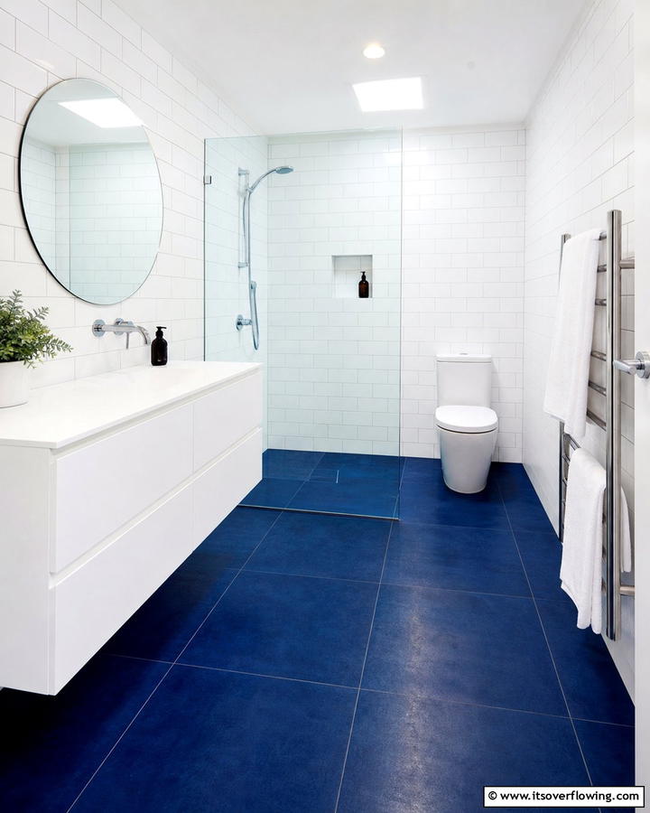 White Walls with Blue Floor Tiles - 25 Blue and White Bathroom Ideas for a Fresh Look