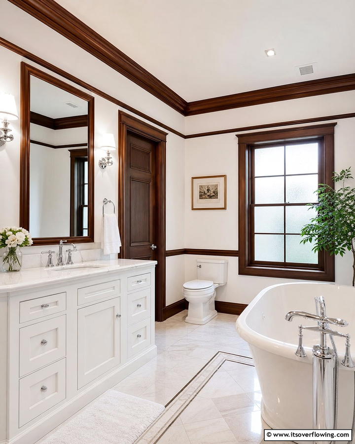 White Walls with Brown Trim - 20 Timeless Brown and White Bathroom Ideas for a Clean Look