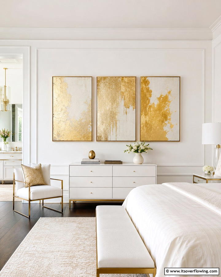 White Walls with Gold Art - 25 White and Gold Bedroom Ideas for a Serene Retreat