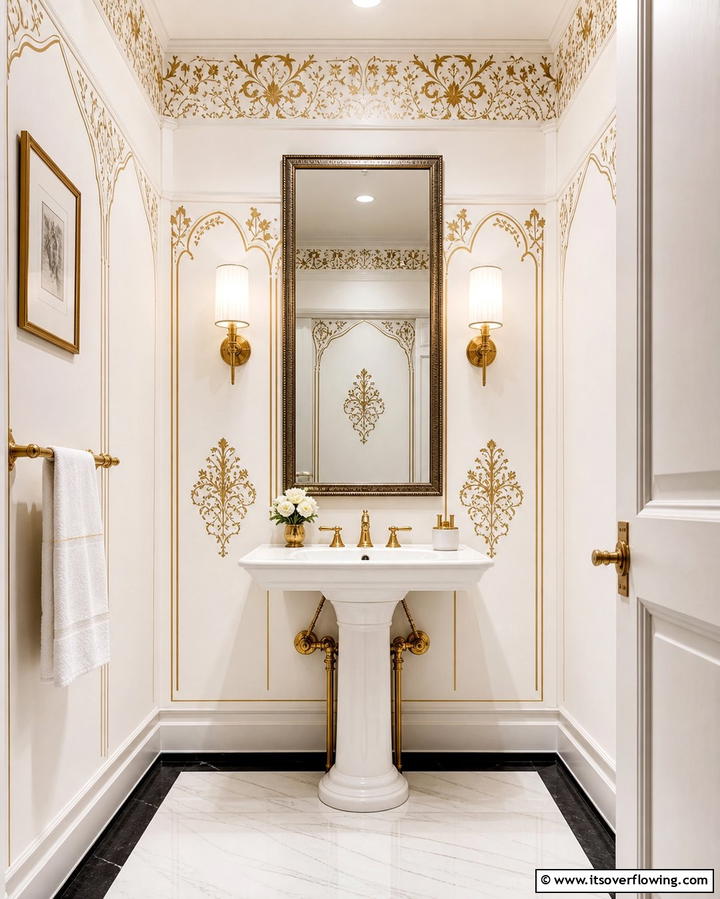 White Walls with Gold Stenciled Patterns - 25 White and Gold Bathroom Ideas for a Luxurious Look