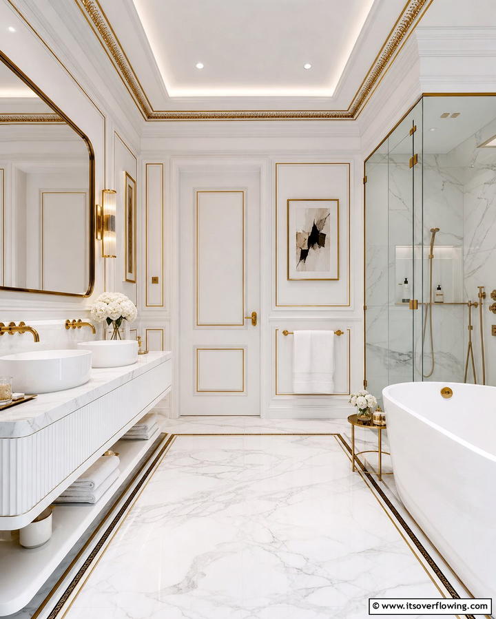 White Walls with Gold Trim - 25 White and Gold Bathroom Ideas for a Luxurious Look