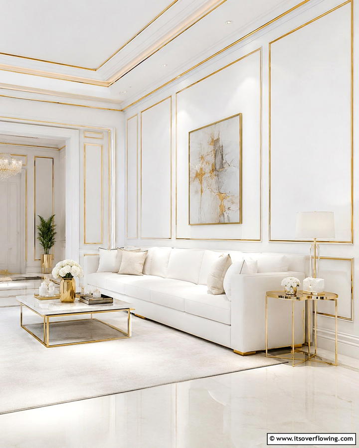 White Walls with Gold Trims for Subtle Elegance - 25 White and Gold Living Room Ideas for Elegance