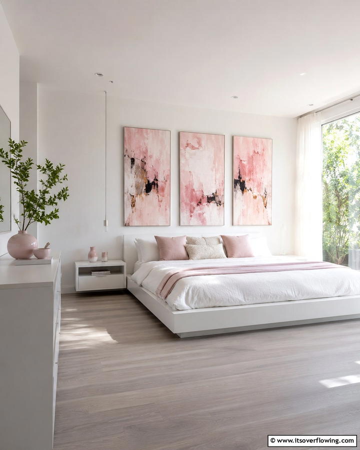 White Walls with Pink Wall Art - 25 Pink and White Bedroom Ideas for a Fresh and Airy Look