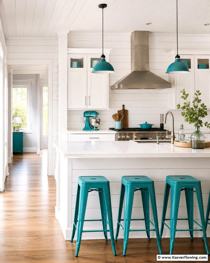 White Walls with Teal Accents - 25 Teal and White Kitchen Ideas for a Fresh Look