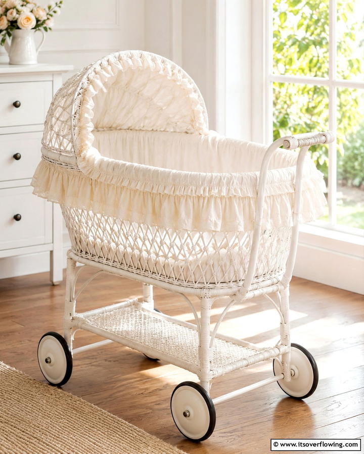 White Wicker Bassinet - 25 White Nursery Ideas for a Calming Baby Room