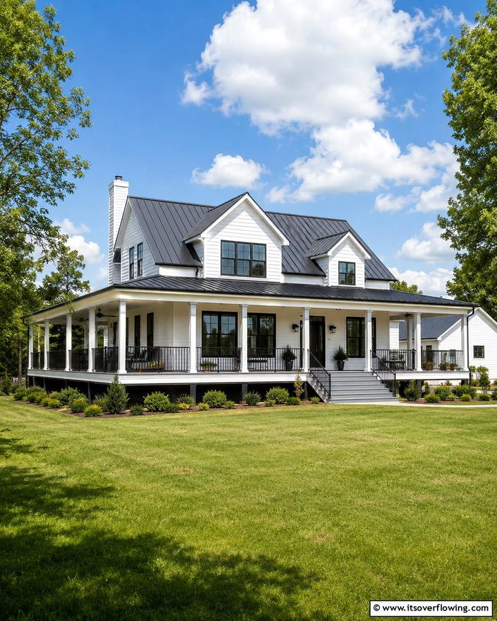 White and Black Farmhouse with a Wraparound Porch - 25 White Farmhouse with Black Windows Ideas
