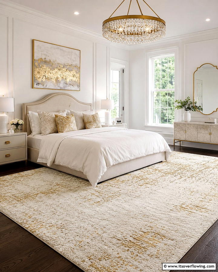 White and Gold Area Rugs - 25 White and Gold Bedroom Ideas for a Serene Retreat