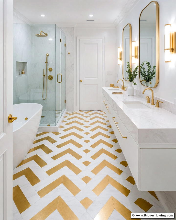 White and Gold Chevron Floor Tiles - 25 White and Gold Bathroom Ideas for a Luxurious Look