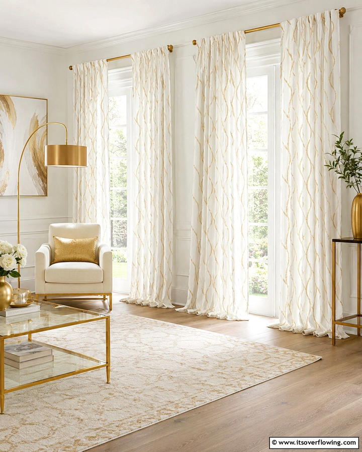 White and Gold Curtains for a Polished Look - 25 White and Gold Living Room Ideas for Elegance