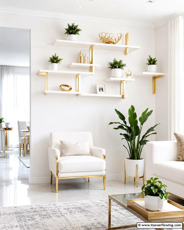 White and Gold Floating Shelves - 25 White and Gold Living Room Ideas for Elegance