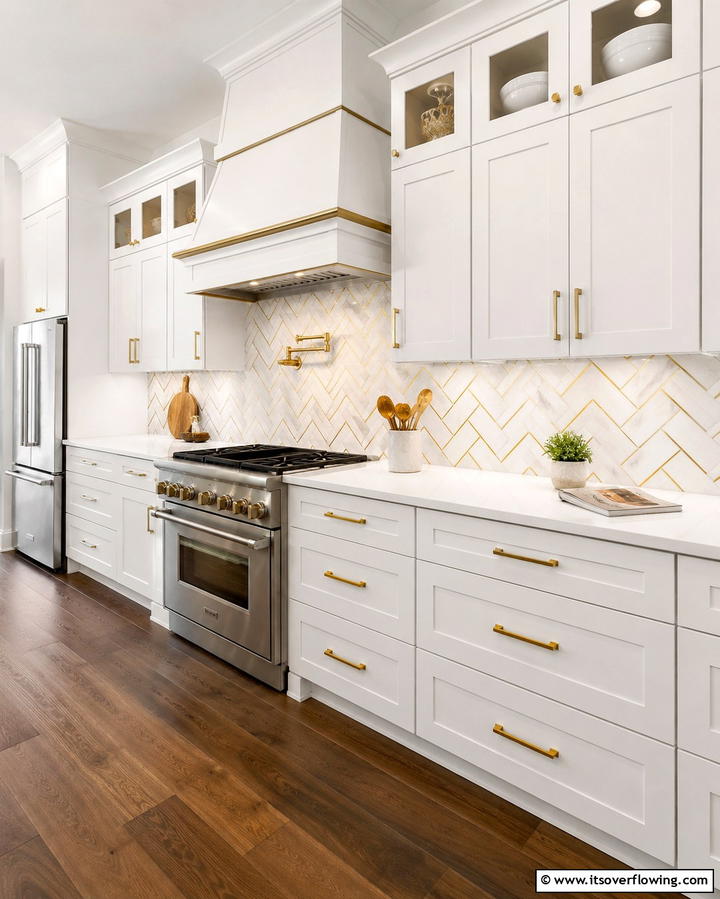White and Gold Herringbone Tiles - 25 White and Gold Kitchen Backsplash Ideas for Elegance