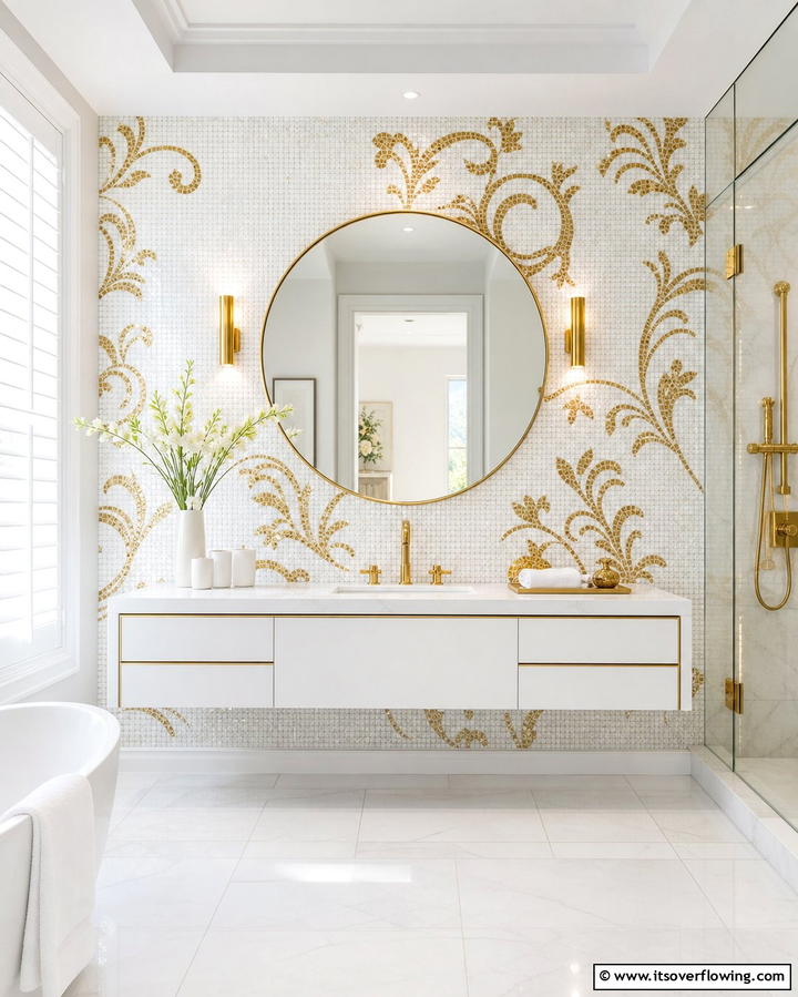 White and Gold Mosaic Tile Accent Wall - 25 White and Gold Bathroom Ideas for a Luxurious Look