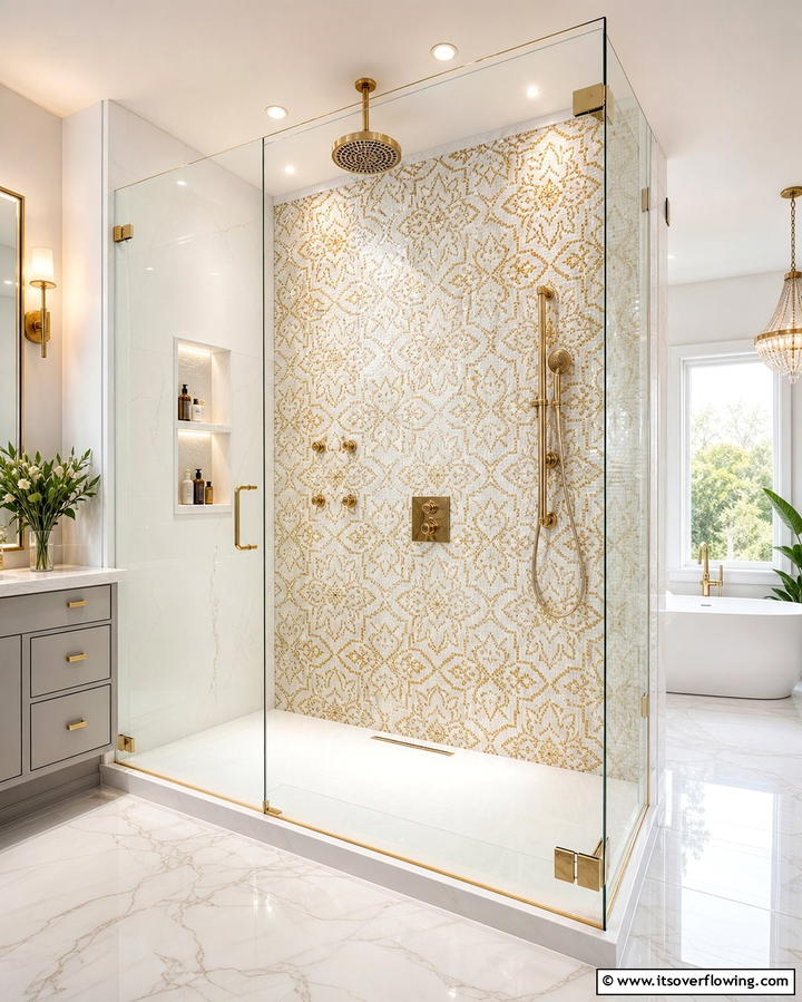 White and Gold Mosaic Tiles - 25 White and Gold Bathroom Ideas for a Luxurious Look