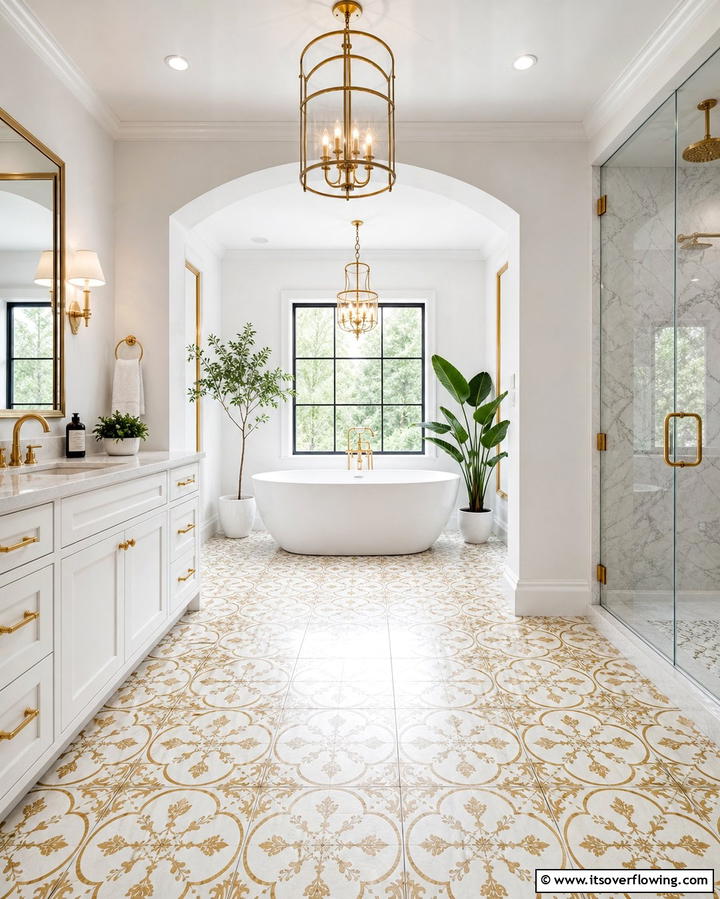 White and Gold Patterned Floor Tiles - 25 White and Gold Bathroom Ideas for a Luxurious Look