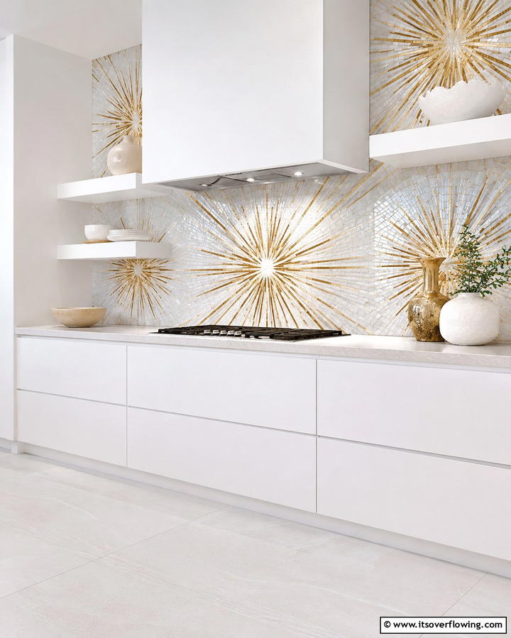 White and Gold Starburst Mosaic - 25 White and Gold Kitchen Backsplash Ideas for Elegance