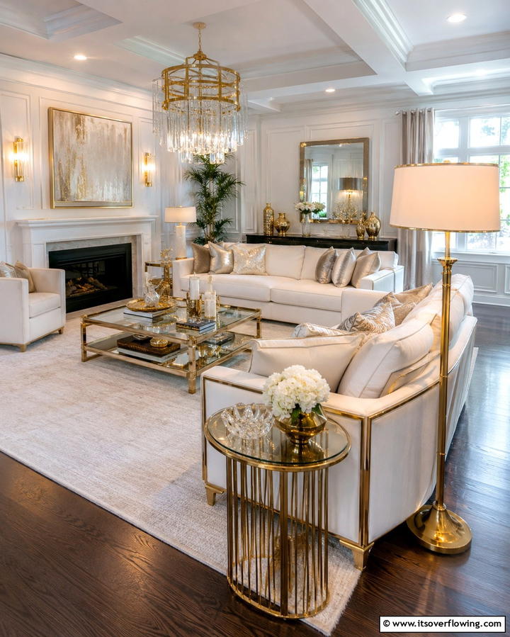White and Metallic Accents - 25 White Living Room Ideas for a Timeless Look