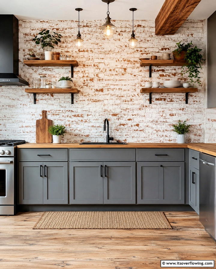 Whitewashed Brick Accent Wall - 25 Grey and White Kitchen Ideas for a Classic Look