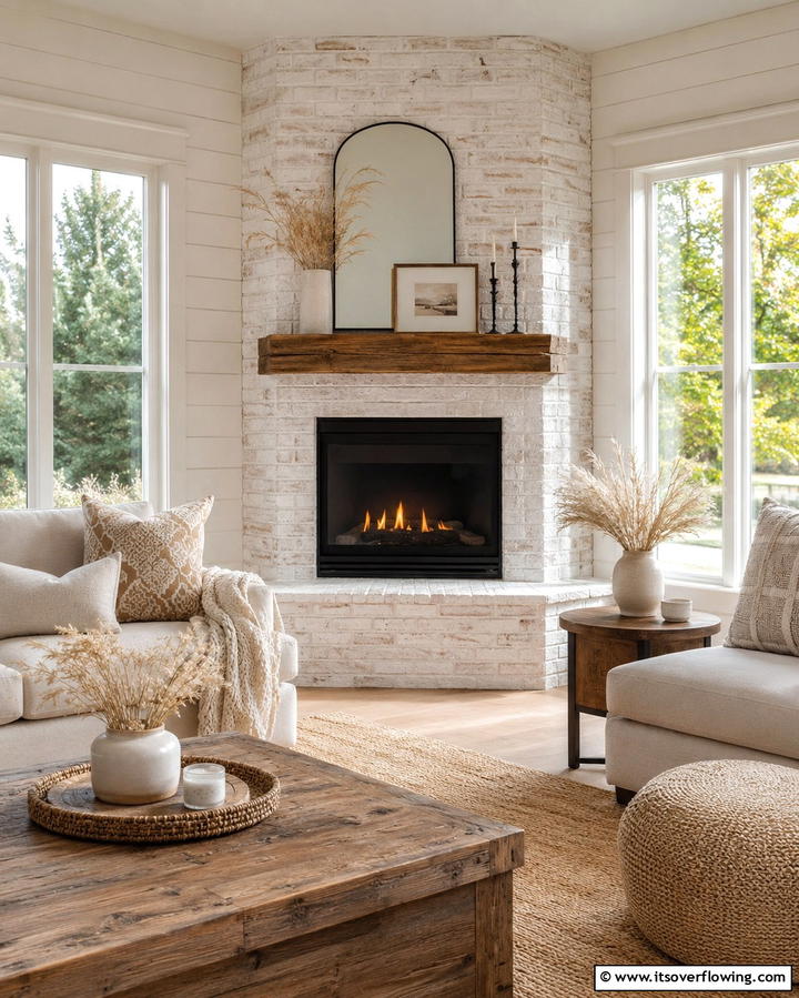 Whitewashed Brick Corner Gas Fireplace - 25 Cozy Corner Gas Fireplace Ideas for Your Home